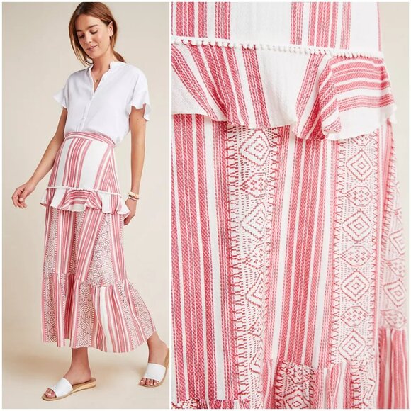 Anthropologie Pixie Tiered Maxi Skirt by De Novo size 12 L red white stripe midi - Picture 2 of 9